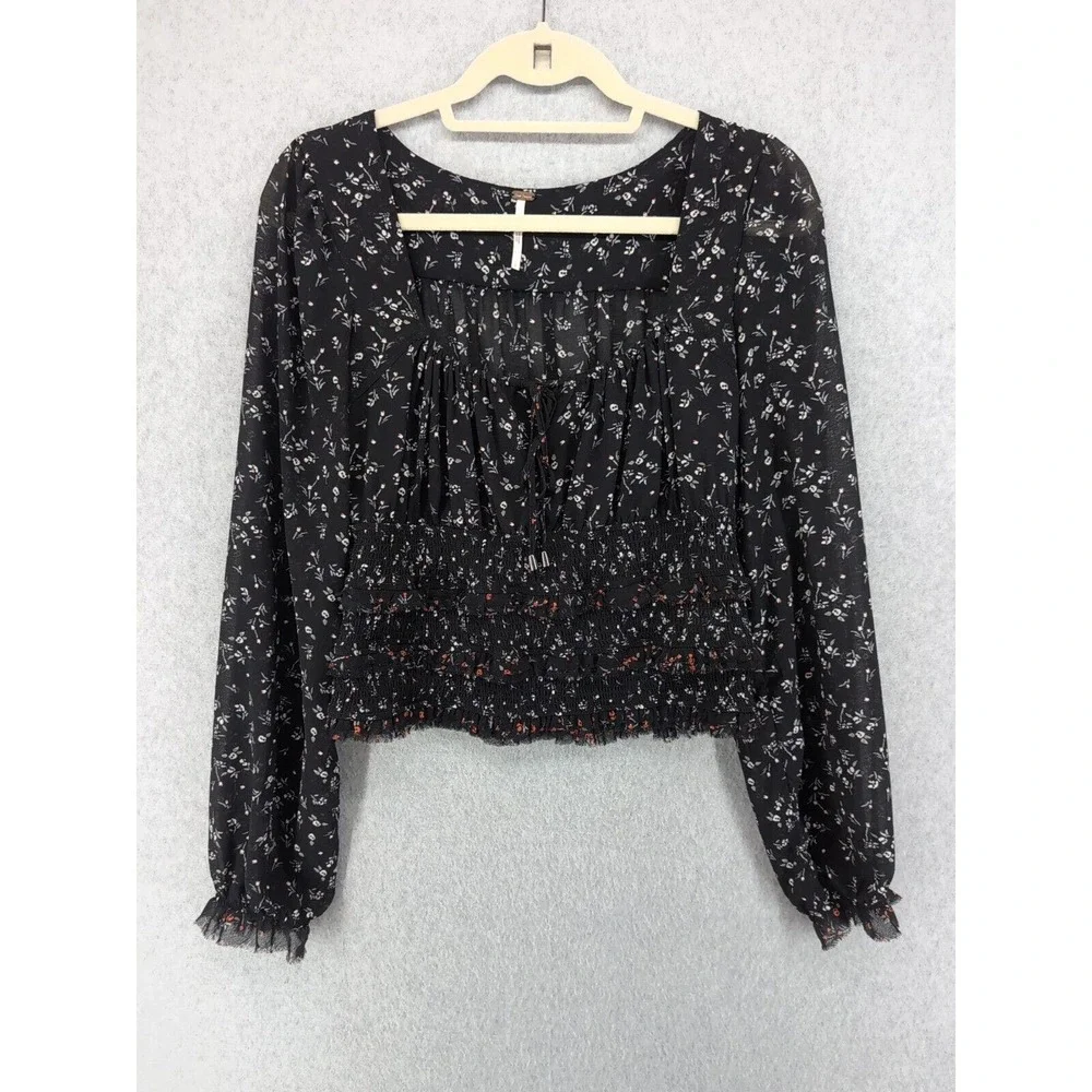 Free People Women's Black Floral Smocked Printed Lolita‎ Blouse Top Size S